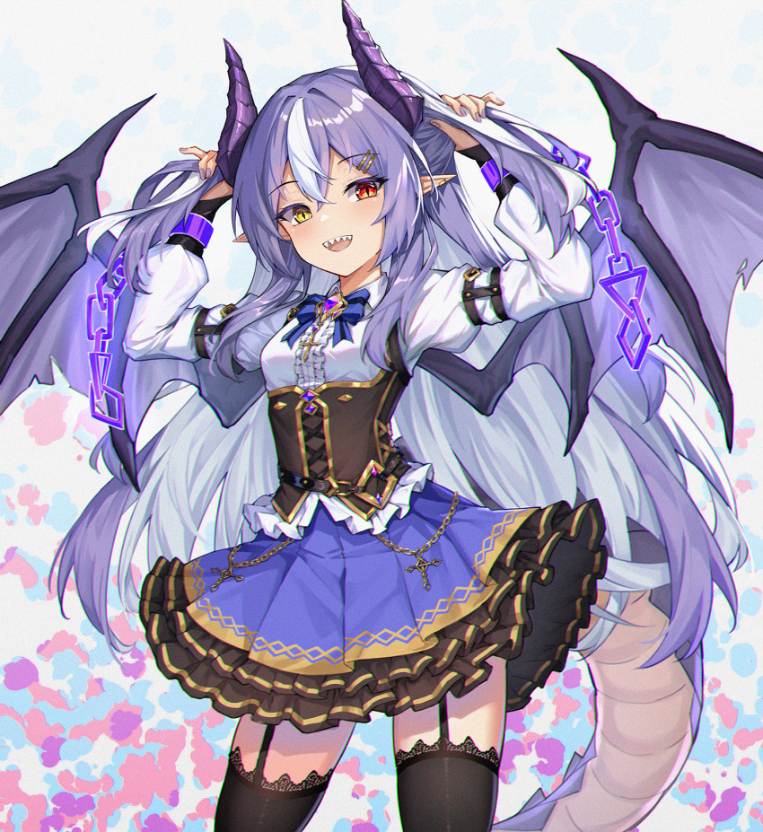 1girl, bangs, black_garter_belt, black_garter_straps, black_thighhighs, blue_skirt, blush, breasts