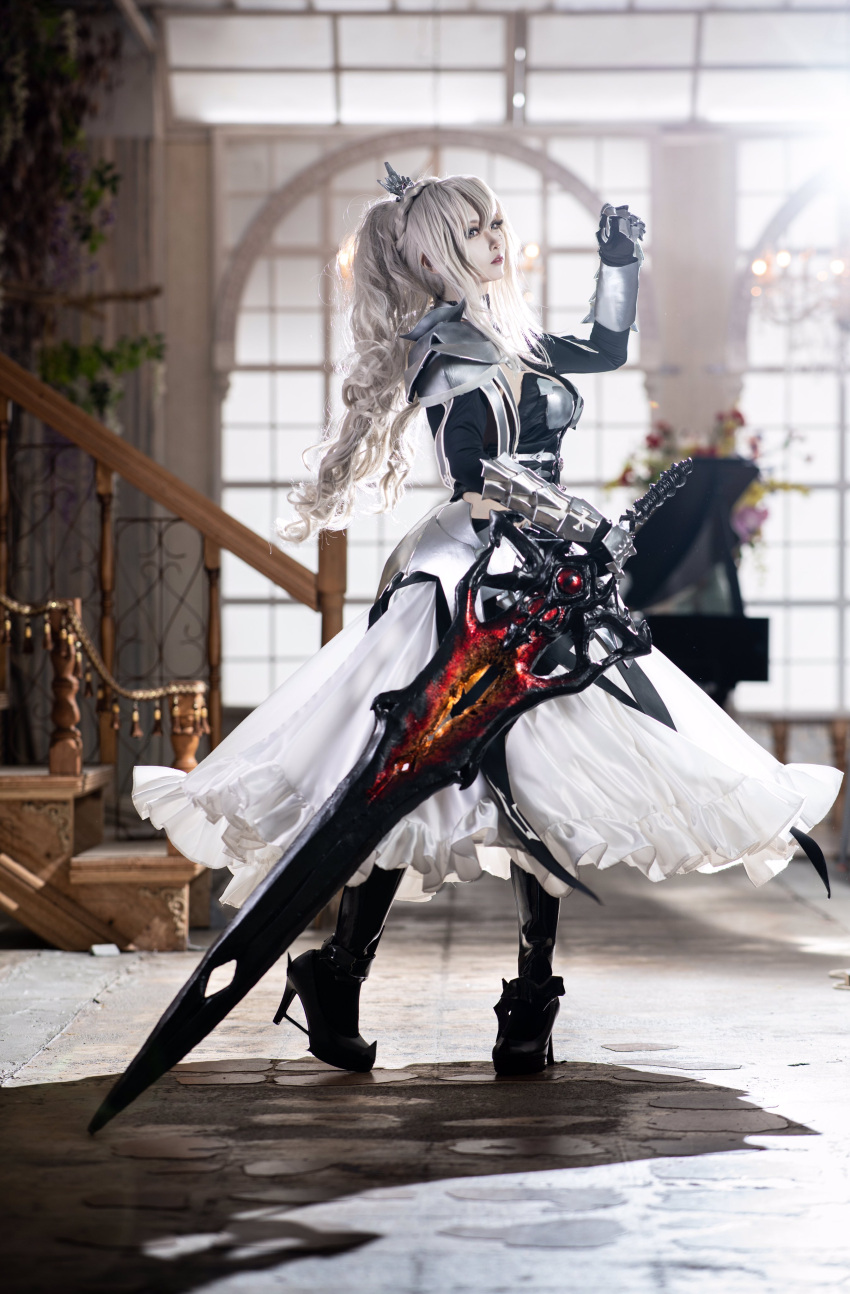 1girl, absurdres, backlighting, black_footwear, blonde_hair, blurry, blurry_background, boots