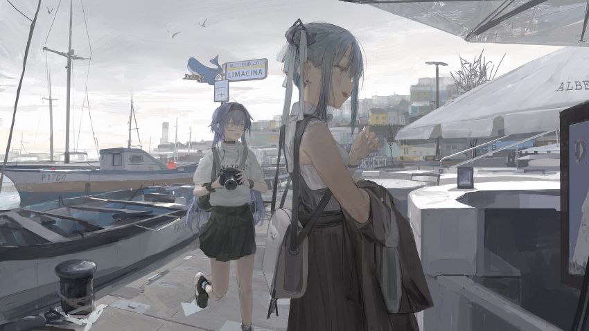 2girls, absurdres, bag, bangs, black_choker, blue_hair, boat, camera