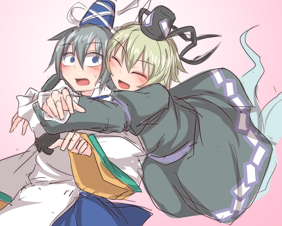 2girls, :d, black_headwear, blue_eyes, blue_headwear, blue_skirt, blush, closed_eyes, dress, ghost_tail, grey_hair, hat, hug, japanese_clothes, kariginu, kuroba_rapid, long_sleeves, looking_at_viewer, mononobe_no_futo, multiple_girls, ofuda, ofuda_on_clothes, open_mouth, simple_background, skirt, smile, soga_no_tojiko, sweatdrop, tate_eboshi, touhou, white_background, wide_sleeves