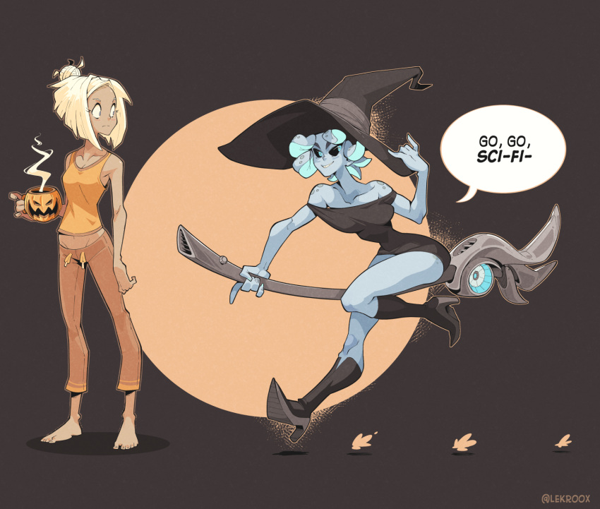 2girls, bare_shoulders, barefoot, black_dress, black_sclera, blonde_hair, blue_skin, boots