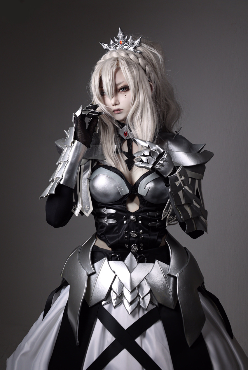 1girl, absurdres, armor, blonde_hair, breastplate, breasts, closed_mouth, cosplay