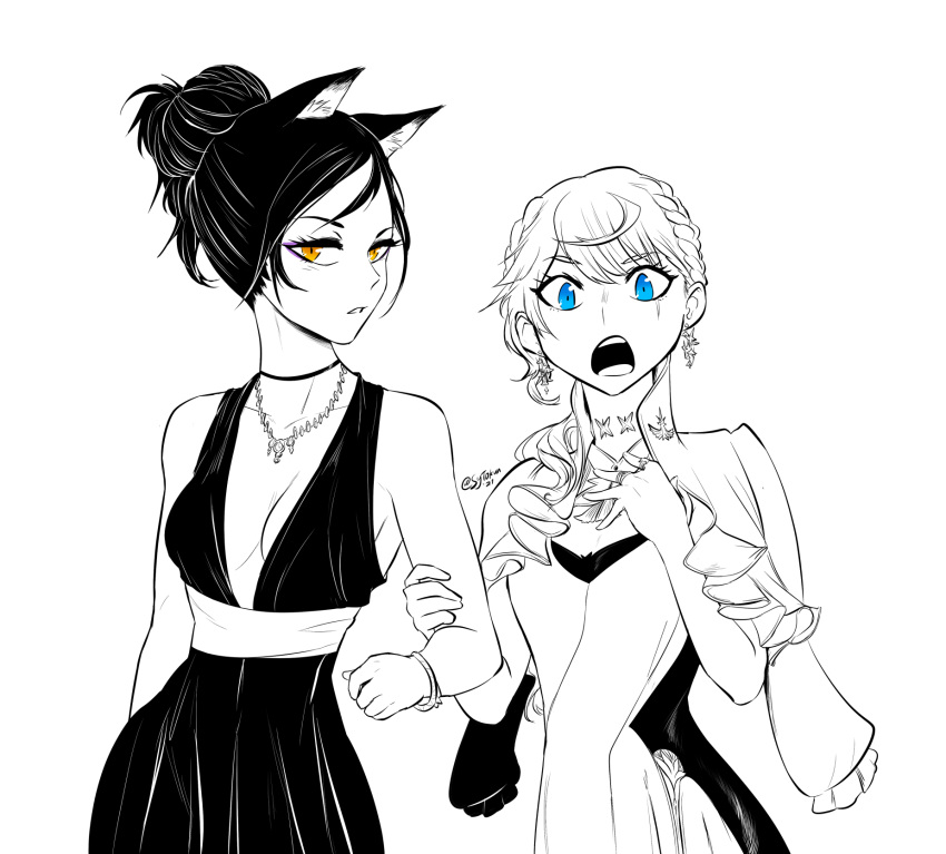 2girls, alternate_costume, alternate_hairstyle, animal_ears, black_choker, black_dress, blake_belladonna, blue_eyes
