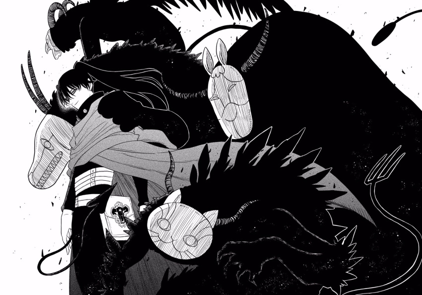 bird_mask, black_bull_(emblem), black_clover, black_hair, cat_mask, cloak, demon, demon_horns, demon_tail, dog_mask, greyscale, highres, horns, long_hair, mask, monochrome, nacht_faust, strap, tail, tashiro_yumiya