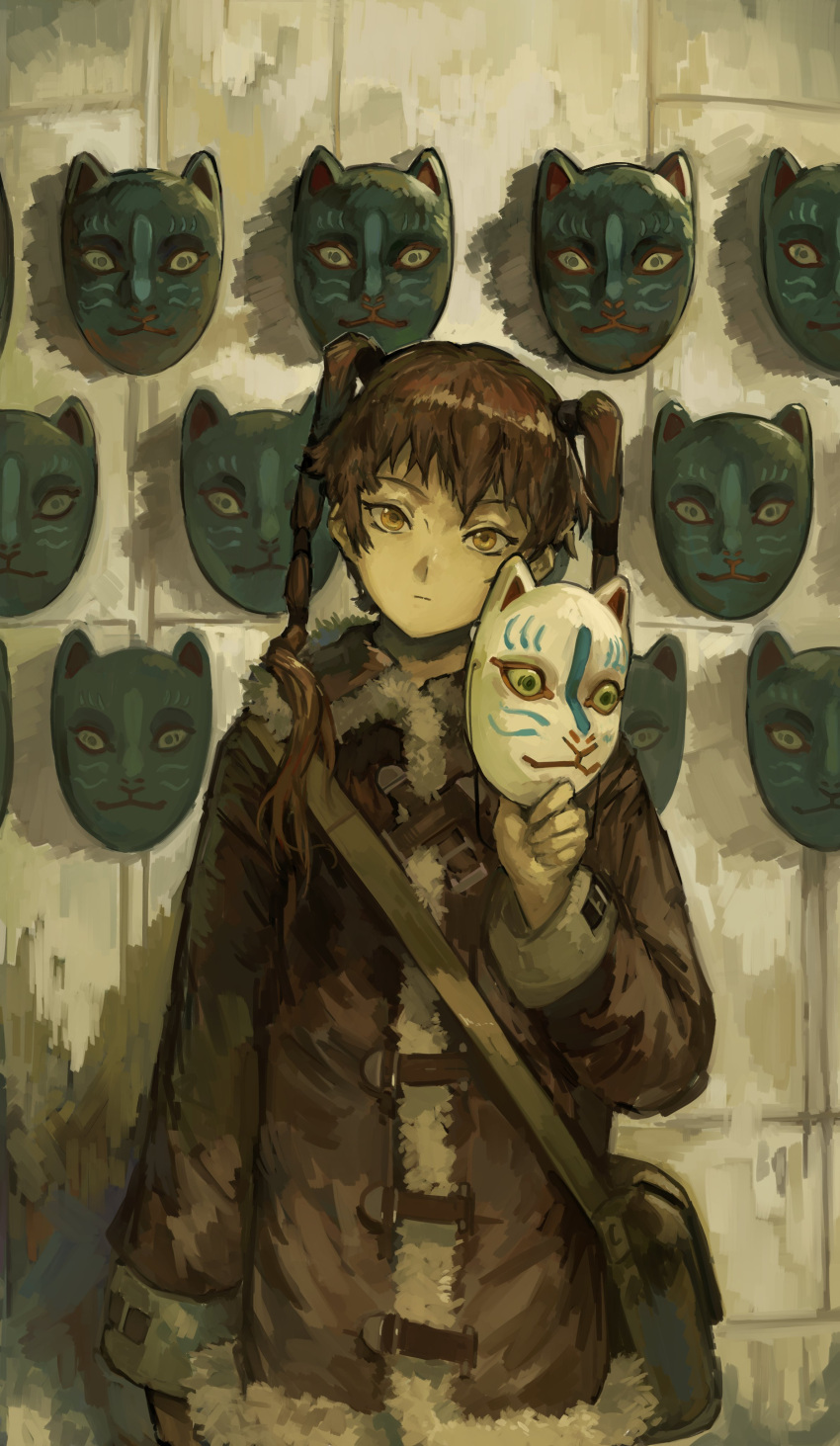 1girl, absurdres, bag, bangs, brown_coat, brown_hair, coat, commission