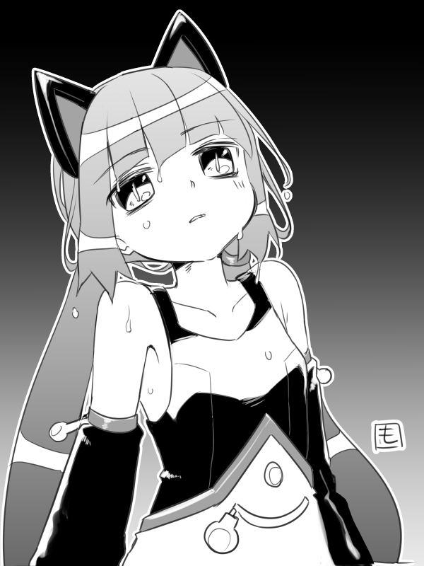 1girl, animal_ears, breasts, cat_ears, character_request, collarbone, greyscale, long_hair