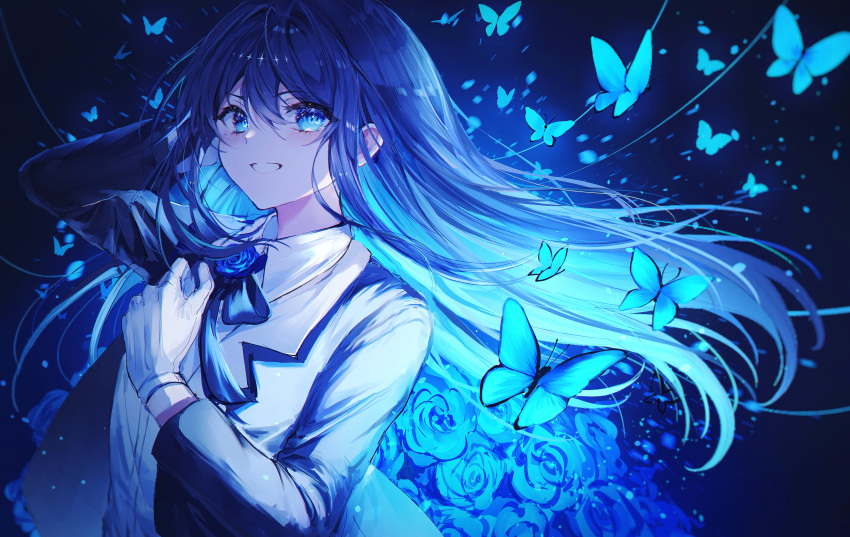 1girl, absurdres, ado_(singer), bangs, blue_butterfly, blue_eyes, blue_hair, bug