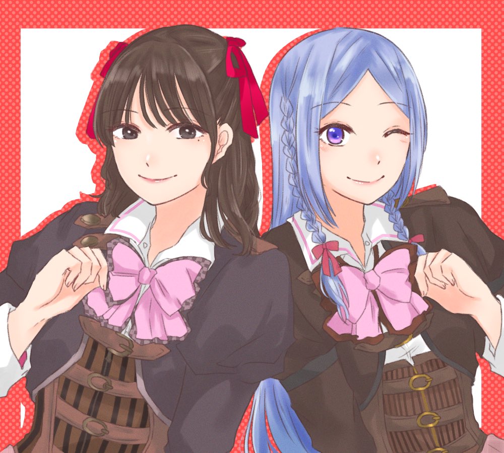 2girls, ;), arm_at_side, assault_lily, bangs, belt, belt_buckle, black_eyes