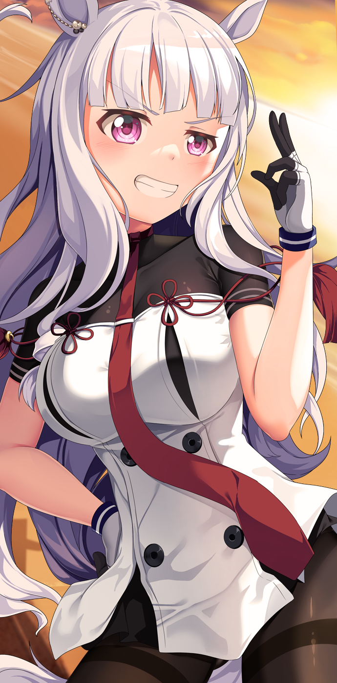 alternate_costume, animal_ears, black_pantyhose, cowboy_shot, dress, ear_bow, ear_ribbon, gloves