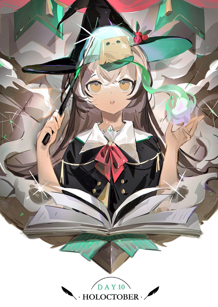 1girl, :o, ahoge, alternate_costume, bangs, black_capelet, book, brown_eyes