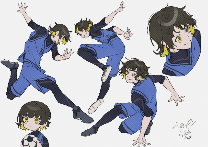 1boy, arm_up, arms_behind_back, bachira_meguru, ball, bangs, bee, black_hair