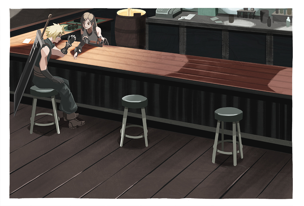 1boy, 1girl, baggy_pants, bar_(place), bar_stool, bare_shoulders, barrel, bartender, belt, black_bra, black_gloves, black_skirt, blonde_hair, boots, bra, breasts, brown_footwear, brown_hair, cloud_strife, counter, elbow_gloves, final_fantasy, final_fantasy_vii, final_fantasy_vii_remake, fingerless_gloves, full_body, gloves, hand_on_own_knee, indoors, leaning_forward, multiple_belts, open_mouth, pants, shirt, short_hair, sitting, skirt, sleeveless, sleeveless_turtleneck, spiky_hair, sports_bra, stool, talking, tifa_lockhart, tppqqq7, turtleneck, underwear, upper_body, weapon, weapon_on_back, white_shirt, wooden_floor