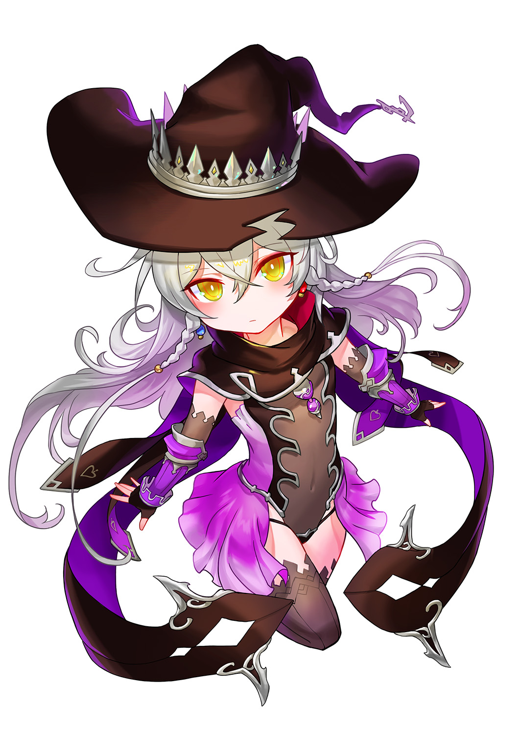 1girl, blush, braid, covered_navel, elbow_gloves, expressionless, fingerless_gloves, full_body