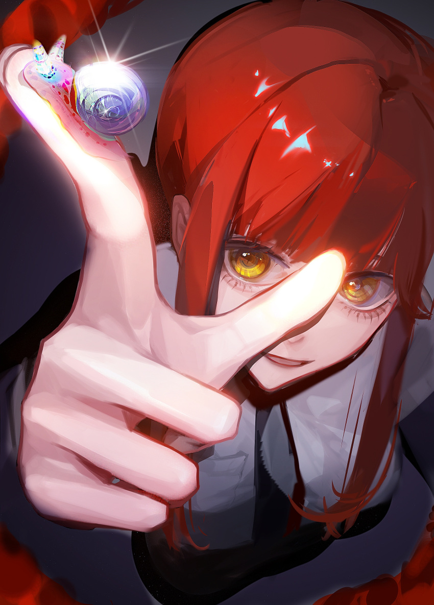 1girl, animal_on_finger, arm_up, bangs, black_necktie, black_pants, chainsaw_man, chinese_commentary