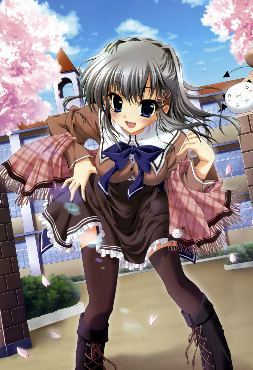 :3, :d, absurdres, akane-iro_ni_somaru_saka, akane_iro_ni_somaru_saka, black_legwear, blue_eyes, boots
