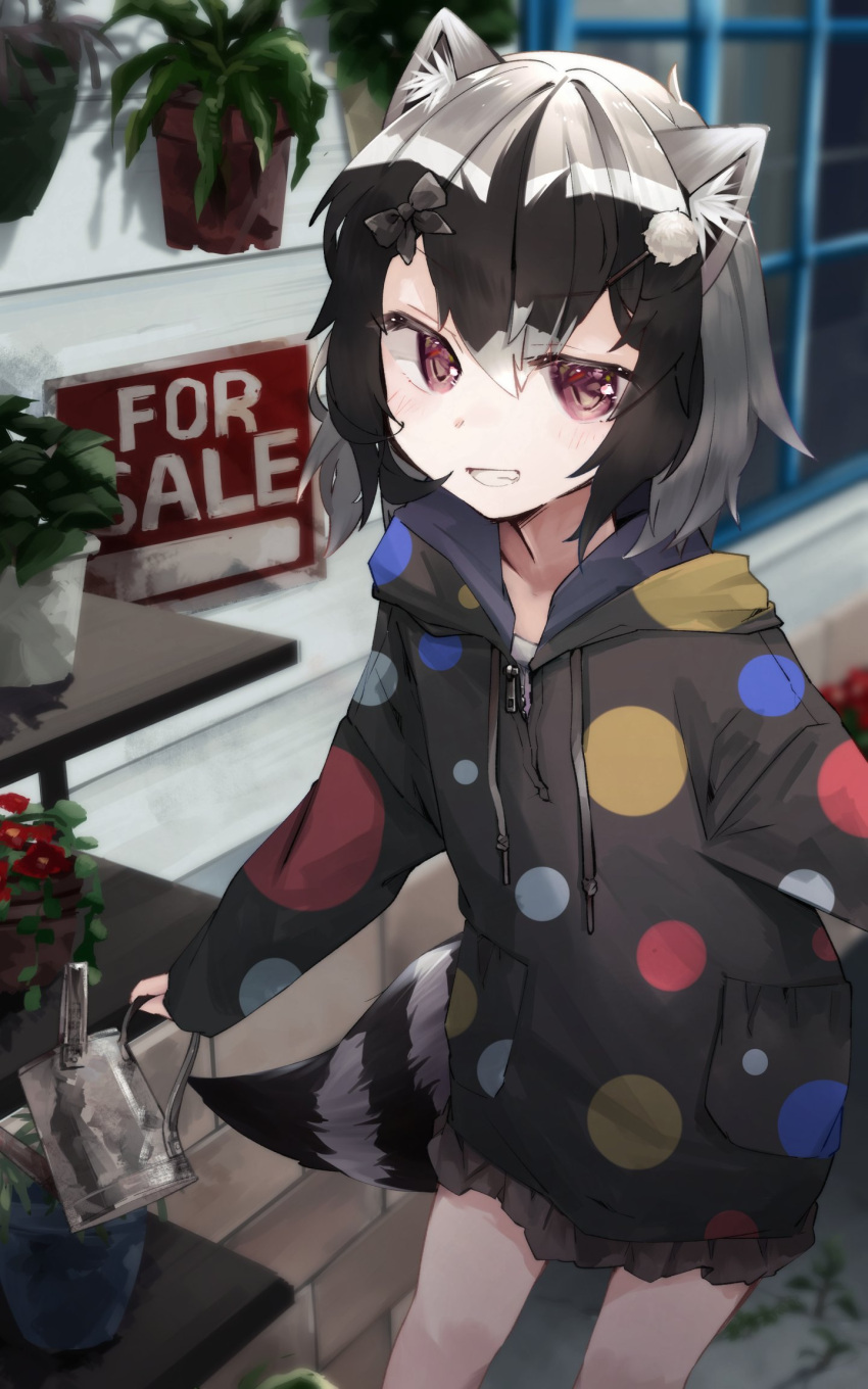 1girl, animal_ears, black_hair, black_hoodie, blush, bow, casual, commentary_request
