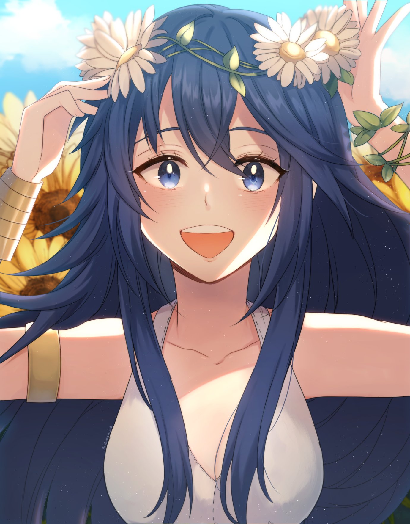 1girl, armlet, bangs, blue_eyes, blue_hair, blush, bracelet, collarbone