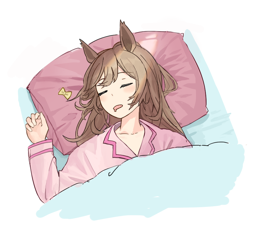 1girl, animal_ears, bangs, bed, blanket, bow, brown_hair, closed_eyes
