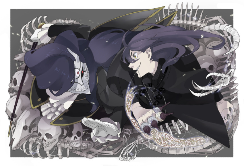 2boys, animal_skull, battle, black_sclera, cane, colored_sclera, crazy_eyes, crazy_smile