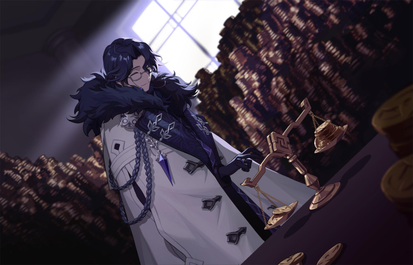 1boy, bishounen, black_gloves, black_hair, closed_eyes, closed_mouth, coin, cowboy_shot