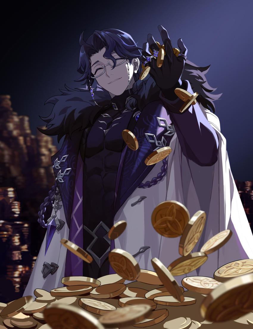 1boy, bishounen, black_gloves, black_hair, closed_eyes, closed_mouth, coin, cowboy_shot