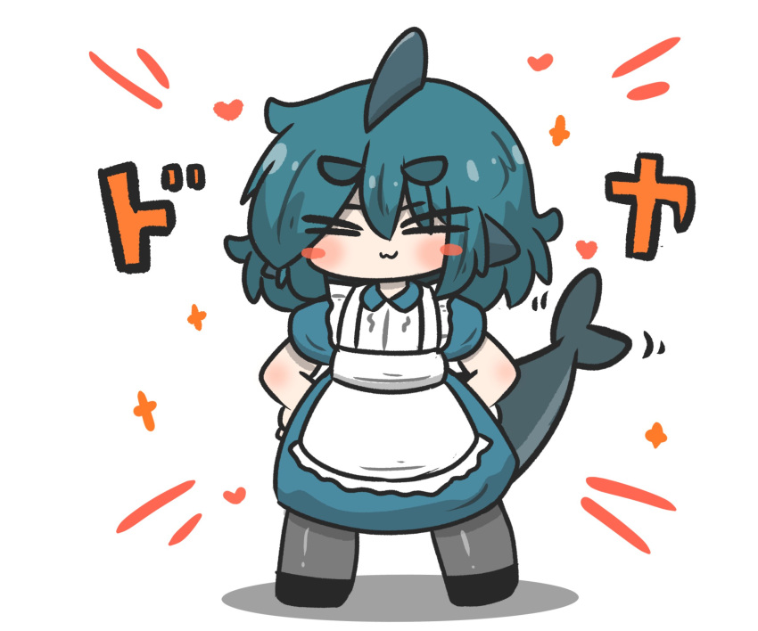 1girl, :3, alternate_costume, apron, bangs, black_footwear, blue_dress, blue_hair