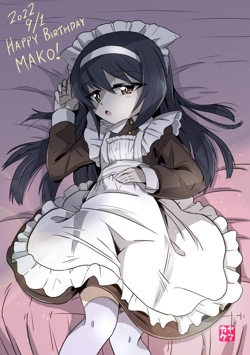 1girl, apron, artist_logo, bangs, bed, birthday, black_dress, black_hair