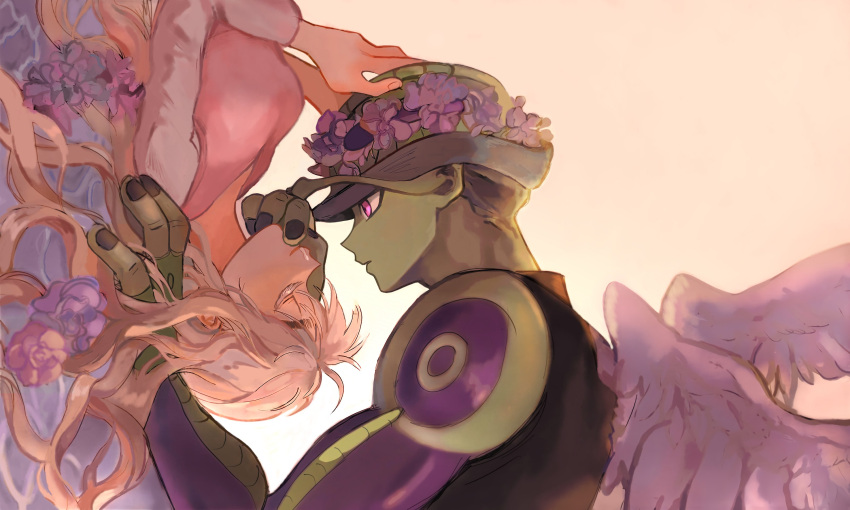1boy, 1girl, absurdres, colored_skin, feathered_wings, flower, green_skin, hair_flower
