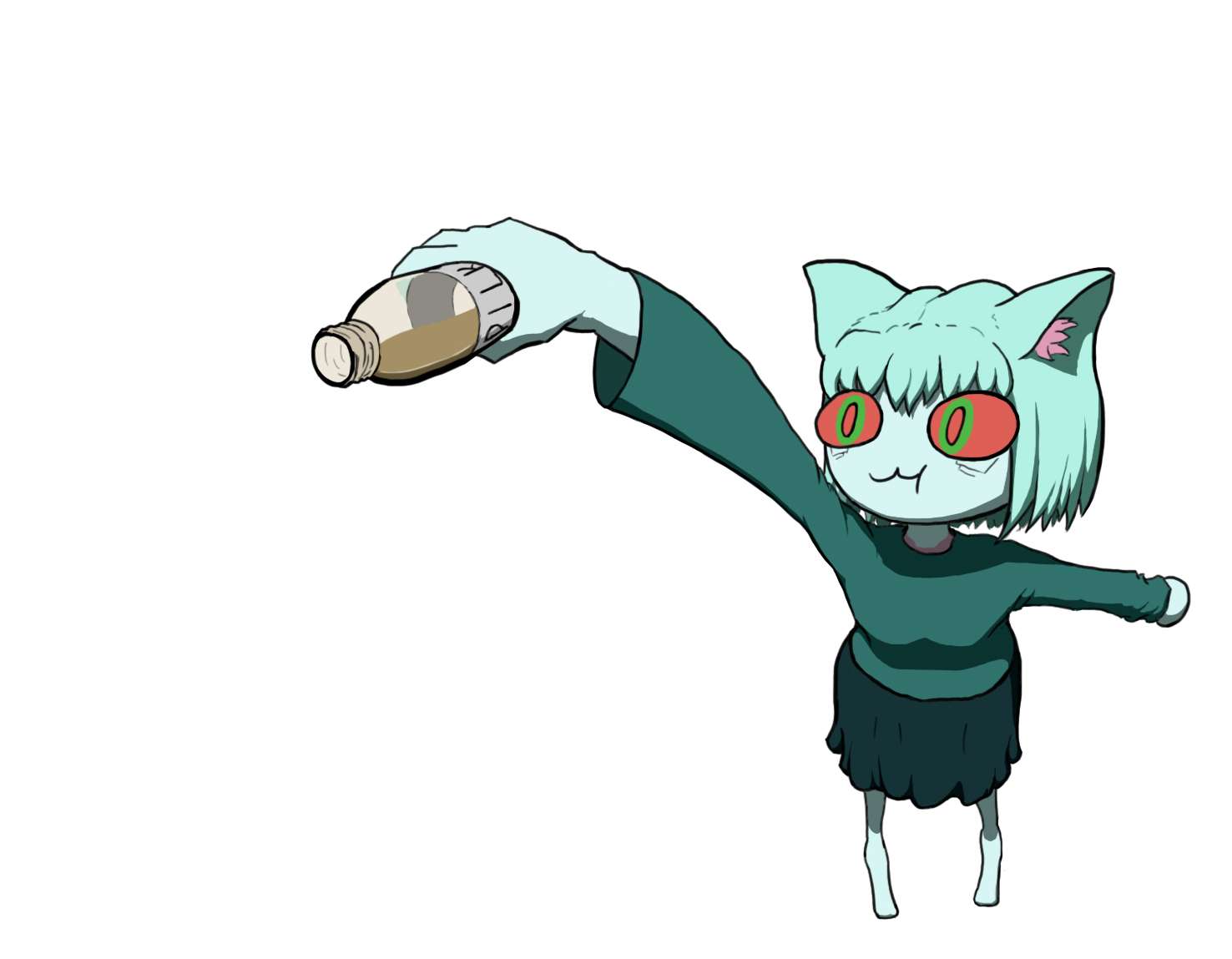 1girl, animal_ear_fluff, animal_ears, cat_ears, closed_mouth, colored_sclera, commentary, cyberpunk_(series), cyberpunk_edgerunners, green_hair, green_skirt, green_sweater, hand_up, long_sleeves, melty_blood, neco-arc, neco_spirit, non-web_source, parody, pilk, rebecca_(cyberpunk), red_sclera, short_hair, simple_background, skirt, smile, solo, style_parody, sweater, tsukihime, turtleneck, turtleneck_sweater, twintails