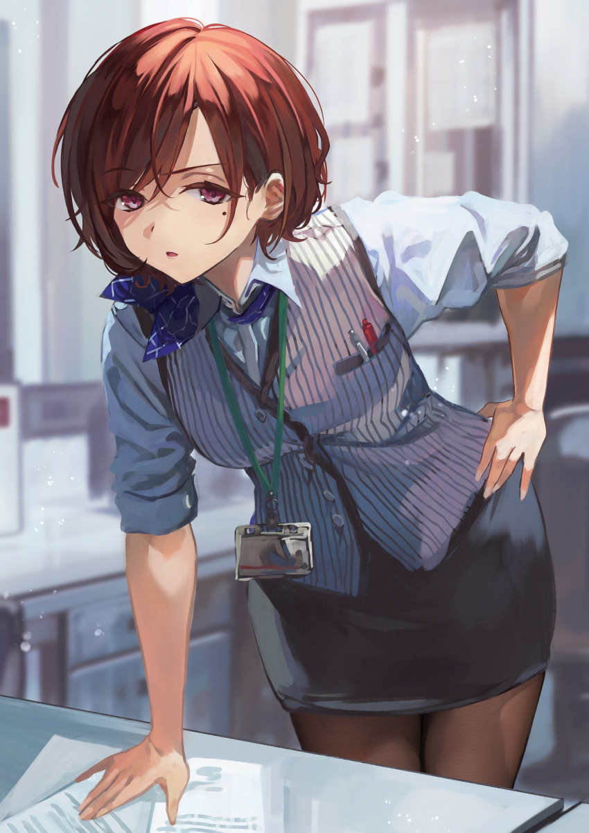 1girl, arm_support, bandana, bangs, black_pantyhose, black_skirt, blue_bandana, blue_shirt, blurry, blurry_background, breast_pocket, breasts, brown_hair, desk, grey_vest, hand_on_hip, highres, higuchi_madoka, id_card, idolmaster, idolmaster_shiny_colors, indoors, long_sleeves, looking_at_viewer, medium_breasts, mole, mole_under_eye, office, office_lady, official_alternate_costume, otsudou, pantyhose, paper, parted_lips, pen, pencil_skirt, pink_eyes, pinstripe_pattern, pinstripe_vest, pocket, serious, shirt, short_hair, skirt, sleeves_rolled_up, solo, striped, vest