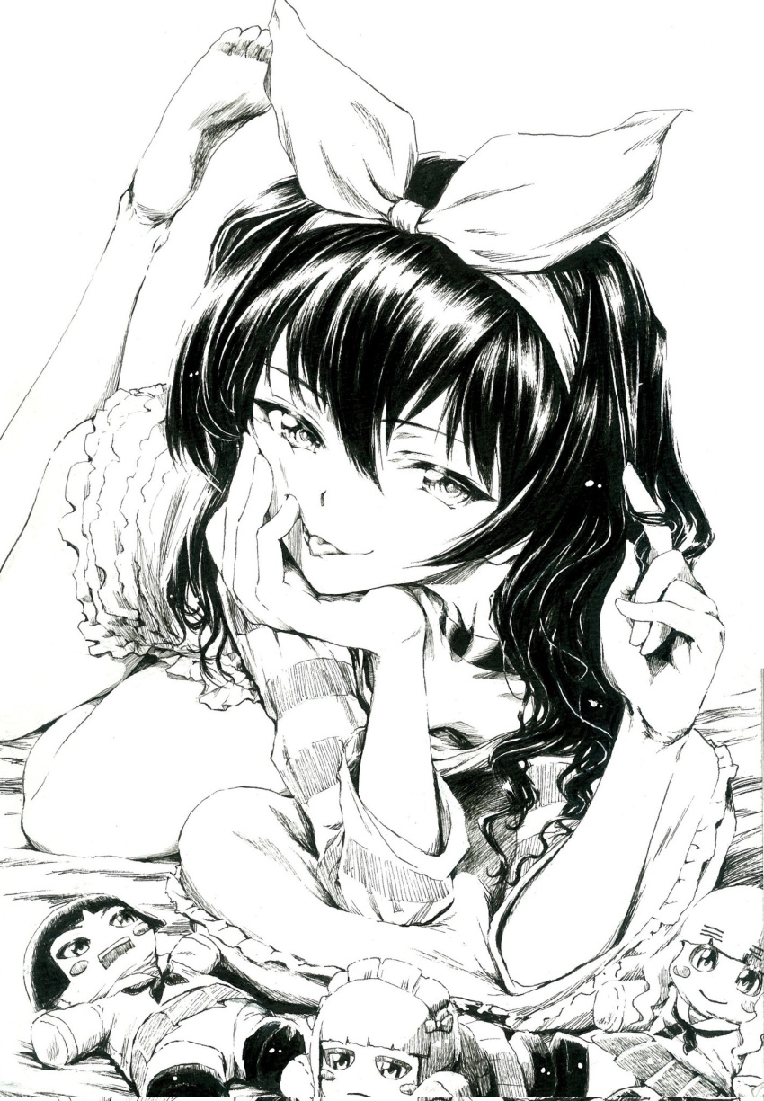 1girl, :p, bangs, barefoot, bed_sheet, blush_stickers, character_doll, cutlass_(girls_und_panzer), frilled_shorts, frills, girls_und_panzer, hair_ribbon, half-closed_eyes, hand_in_own_hair, head_rest, highres, legs_up, long_hair, looking_at_viewer, lying, maid_headdress, on_bed, on_stomach, ooarai_school_uniform, pillow, reizei_mako, ribbon, sawamin, school_uniform, shirt, short_shorts, short_sleeves, shorts, sleepwear, solo, sono_midoriko, striped, striped_shirt, t-shirt, takebe_saori, tongue, tongue_out