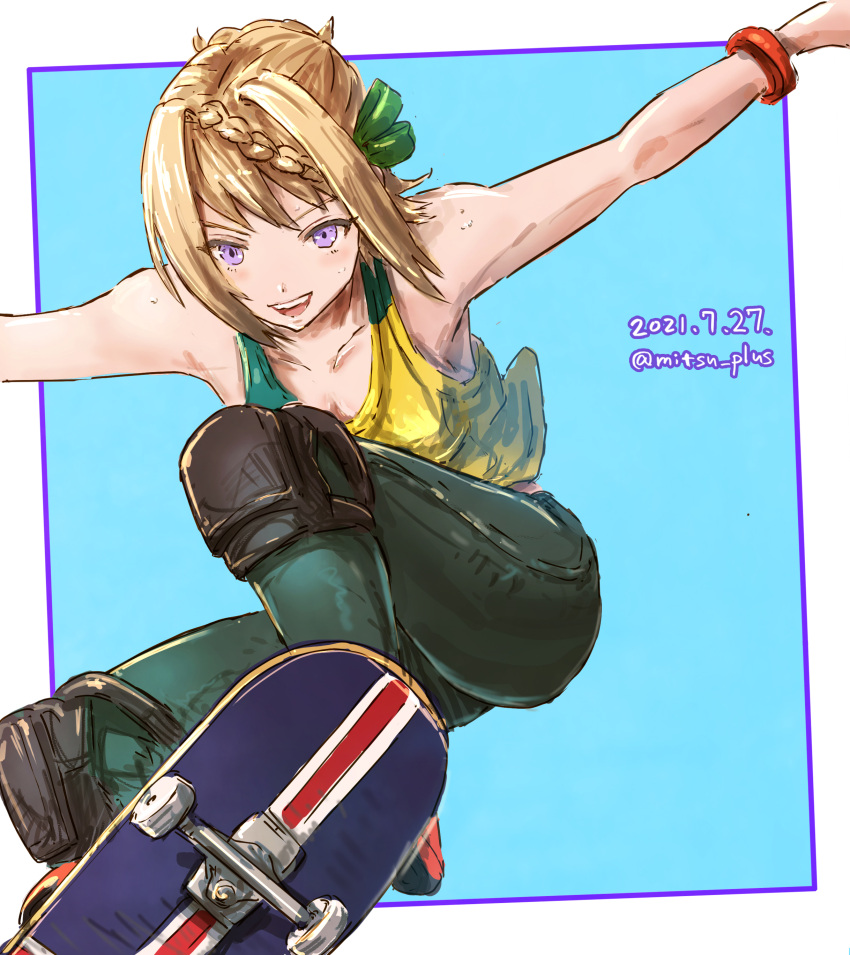 1girl, :d, absurdres, alternate_costume, blonde_hair, blue_background, border, braid