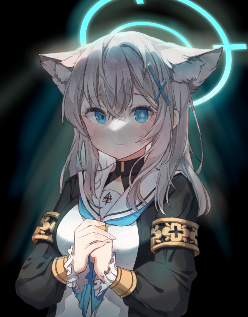 1girl, absurdres, animal_ear_fluff, animal_ears, aqua_eyes, aqua_neckerchief, bangs, black_background