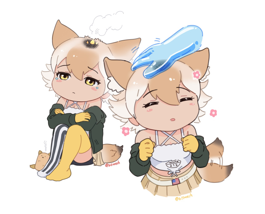 1girl, absurdres, animal_ears, asymmetrical_legwear, bare_shoulders, beleven, black_jacket, black_thighhighs, blonde_hair, blush, commentary, coyote_(kemono_friends), crossed_arms, disembodied_limb, fire, hair_between_eyes, hand_on_another's_head, highres, jacket, kemono_friends, knees_to_chest, long_sleeves, multicolored_hair, multiple_views, no_shoes, scorch_mark, shirt, short_hair, sitting, spaghetti_strap, striped, striped_thighhighs, tail, tearing_up, thigh-highs, two-tone_thighhighs, white_hair, white_shirt, white_thighhighs, wolf_ears, wolf_girl, wolf_tail, yellow_eyes, yellow_thighhighs