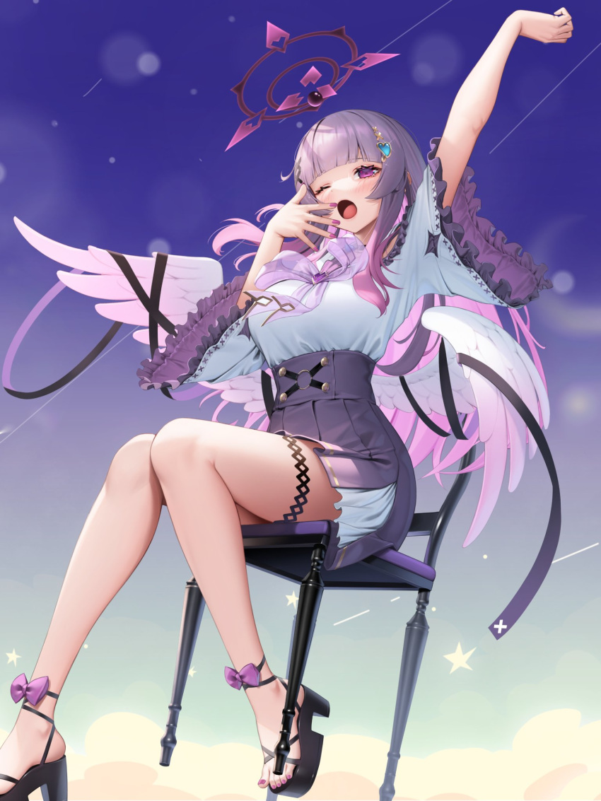 1girl, angel_wings, arm_up, bangs, black_ribbon, blunt_bangs, blush, bow