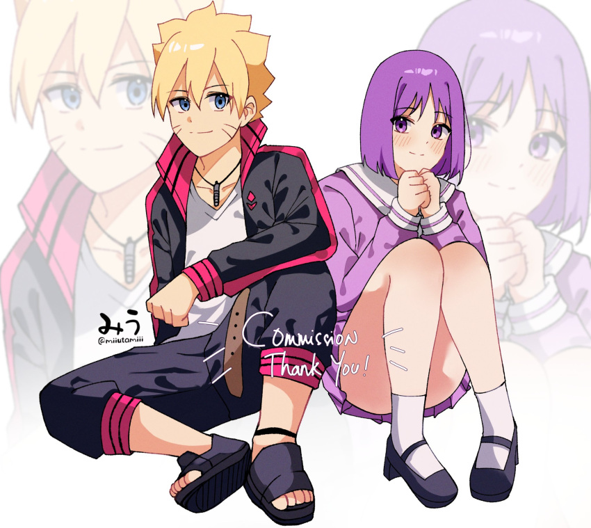 1boy, 1girl, ass, bare_legs, belt, black_jacket, blonde_hair, blue_eyes