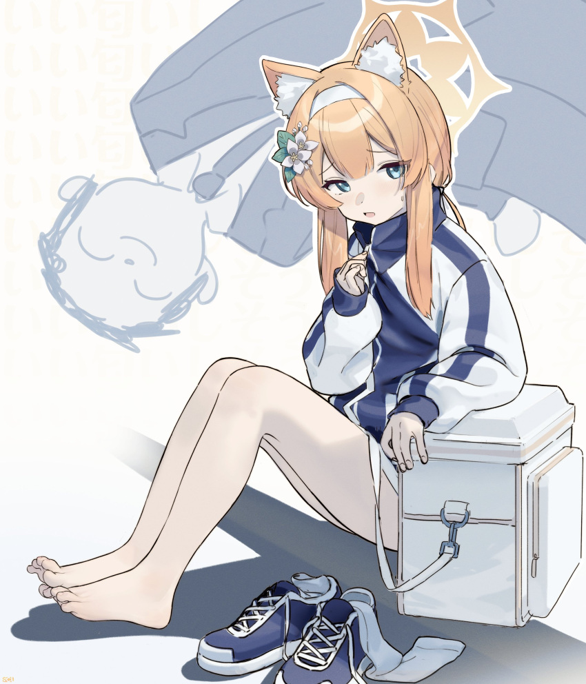 1boy, 1girl, absurdres, bangs, barefoot, blue_archive, blue_eyes, box