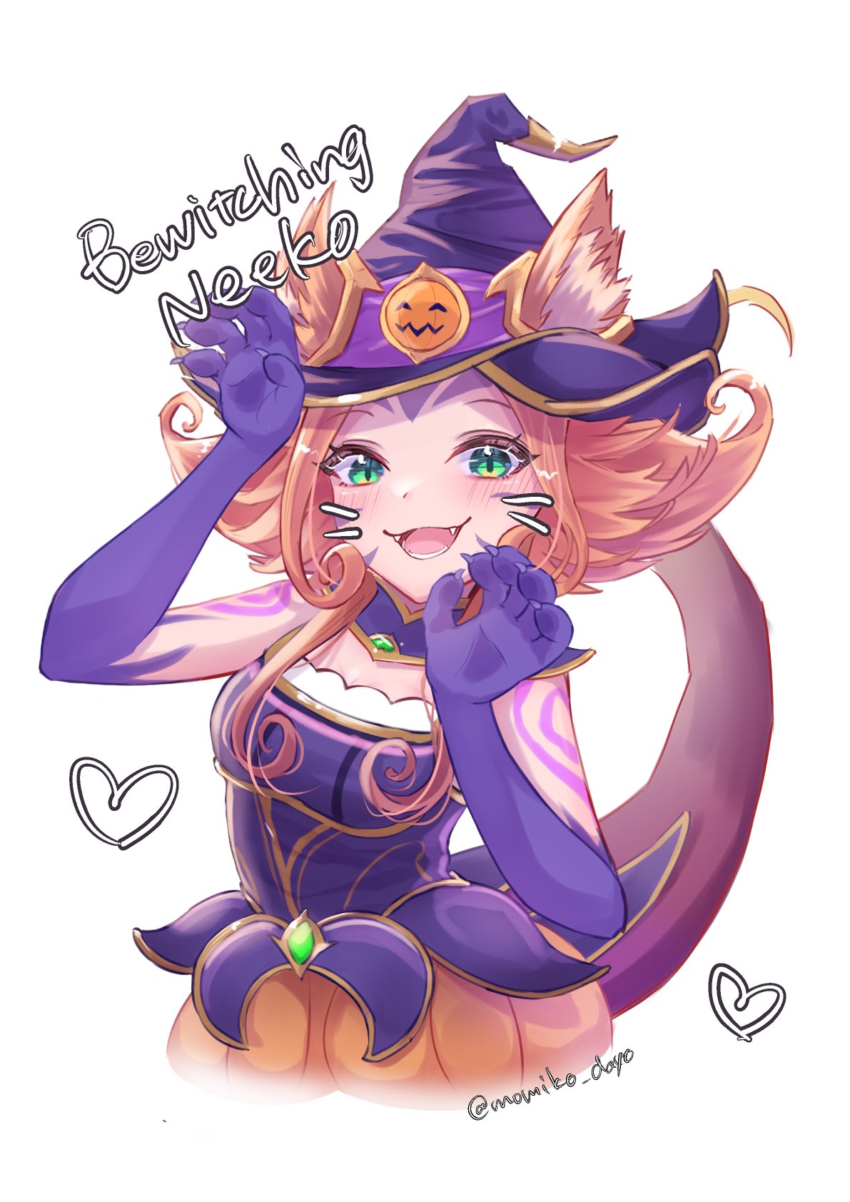 1girl, :d, artist_name, bangs, bewitching_neeko, blonde_hair, blush, breasts, character_name, claws, fangs, green_eyes, halloween, hands_up, hat, heart, highres, league_of_legends, lower_teeth, medium_breasts, medium_hair, momikodayo, neeko_(league_of_legends), open_mouth, simple_background, smile, solo, tail, teeth, white_background, witch_hat