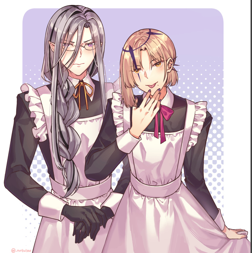 2girls, :p, absurdres, alternate_costume, artist_name, black_gloves, black_hair, blonde_hair, bow, bowtie, braid, commentary, ear_piercing, english_commentary, enmaided, glasses, gloves, grey_hair, hair_over_shoulder, highres, holostars, holostars_english, long_hair, long_sleeves, looking_at_viewer, magni_dezmond, maid, mole, mole_under_mouth, multicolored_hair, multiple_girls, nail_polish, neck_ribbon, noir_vesper, orange_eyes, piercing, pointy_ears, purple_hair, purple_nails, red_bow, red_bowtie, ribbon, ruri_(rurisuisen), short_hair, simple_background, single_braid, skirt_hold, streaked_hair, tongue, tongue_out, twitter_username, two-tone_hair, violet_eyes, virtual_youtuber, yellow_ribbon