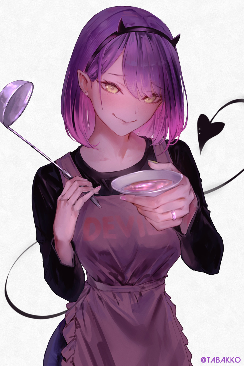 1girl, absurdres, apron, commentary, demon_girl, demon_tail, earrings, highres