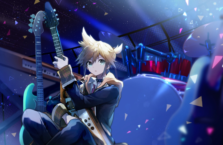 1boy, black_jacket, black_pants, blonde_hair, blue_eyes, collar, cyawa, drum, electric_guitar, gibson_flying_v, guitar, highres, instrument, jacket, kagamine_len, looking_at_viewer, male_focus, pants, parted_lips, ponytail, short_ponytail, sitting, sky, solo, star_(sky), starry_sky, studded_collar, vocaloid