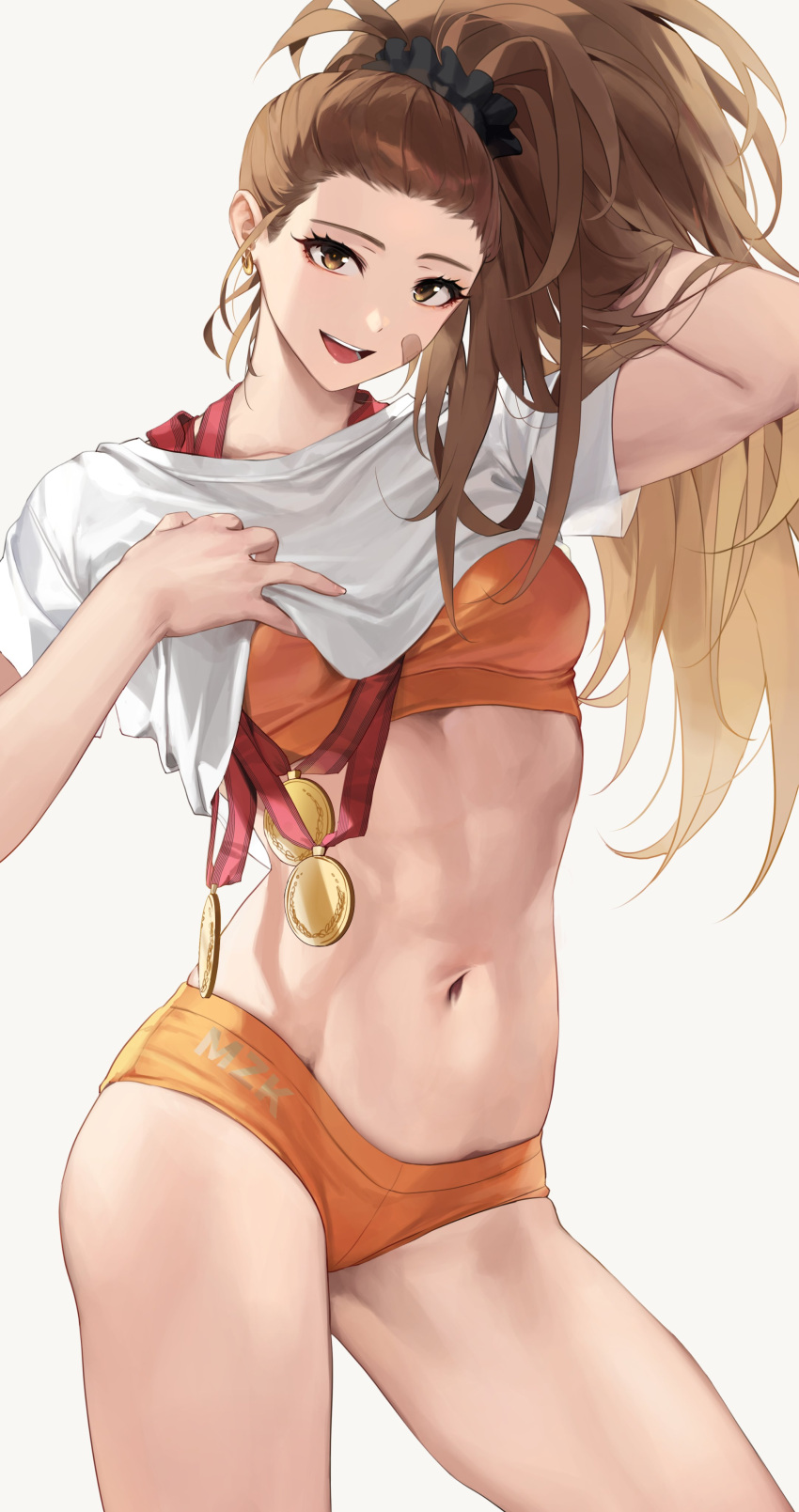 1girl, abs, absurdres, adjusting_hair, bandaid, bandaid_on_cheek, bandaid_on_face, black_scrunchie