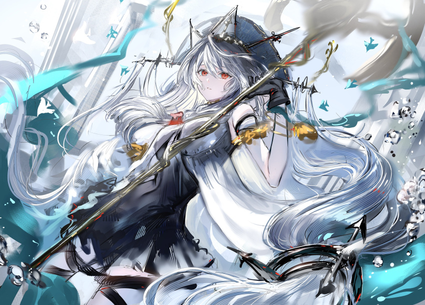 1girl, absurdres, arknights, black_dress, black_gloves, blue_ribbon, breasts, dress