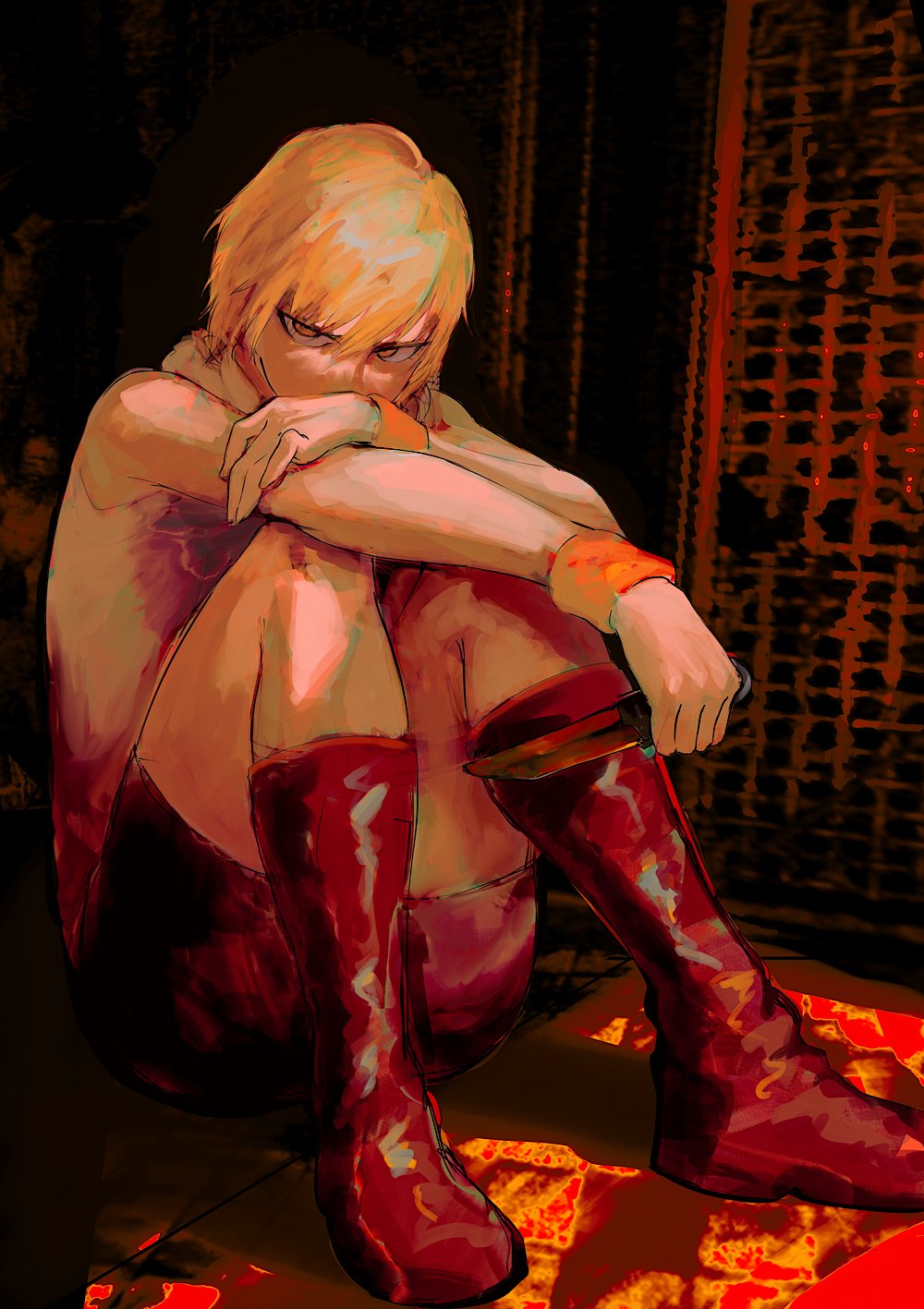 1girl, arqa, blonde_hair, blood, boots, heather_mason, highres, jacket