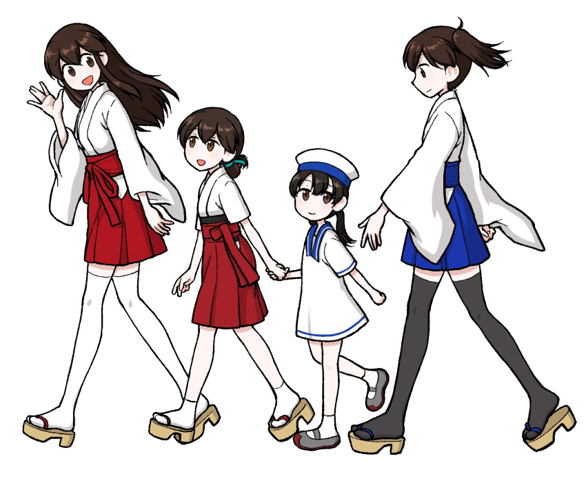 4girls, akagi_(kancolle), bangs, black_hair, black_thighhighs, blue_hakama, blue_ribbon, blue_sailor_collar