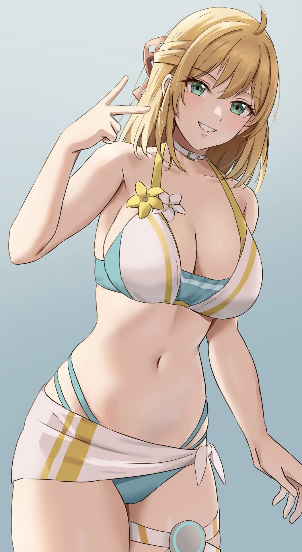 1girl, amayo_thranana, bangs, bikini, blonde_hair, blush, breasts, cosplay, eunie_(xenoblade), eunie_(xenoblade)_(cosplay), fiora_(xenoblade), green_eyes, highres, large_breasts, long_hair, looking_at_viewer, navel, open_mouth, short_hair, simple_background, smile, solo, swimsuit, xenoblade_chronicles_(series), xenoblade_chronicles_1, xenoblade_chronicles_3