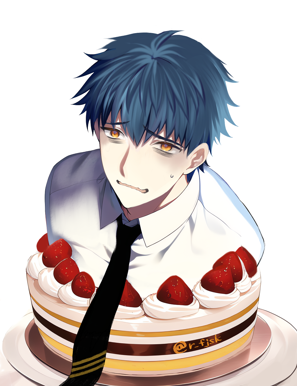 1boy, bags_under_eyes, black_necktie, blue_hair, cake, eagret, fate/grand_order, fate_(series), food, fruit, highres, male_focus, necktie, orange_eyes, saitou_hajime_(fate), solo, strawberry, sweatdrop, tray, twitter_username, upper_body, wavy_mouth