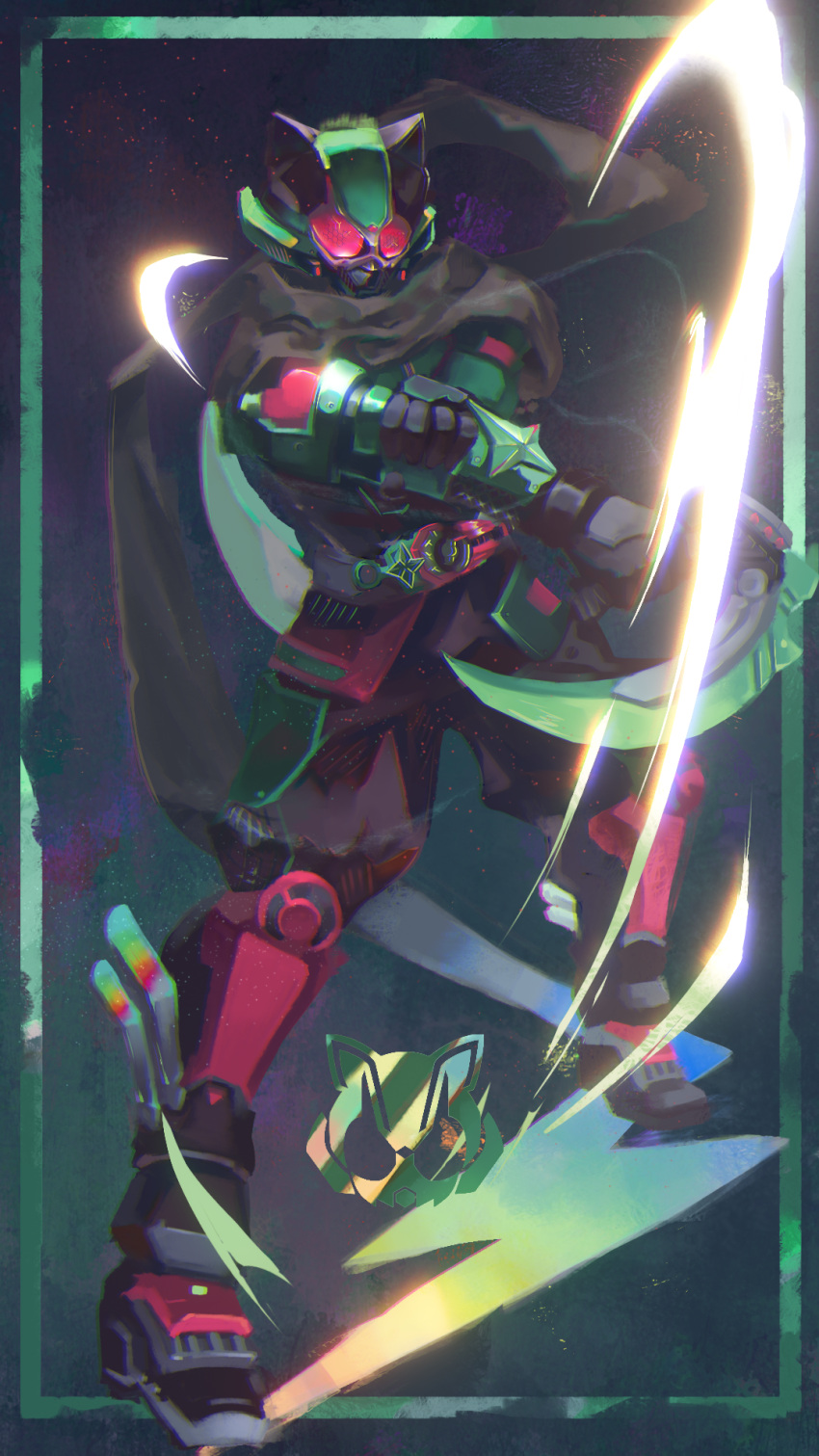 1boy, animal_ears, boost_buckle, brown_scarf, compound_eyes, desire_driver, exhaust_pipe, full_body