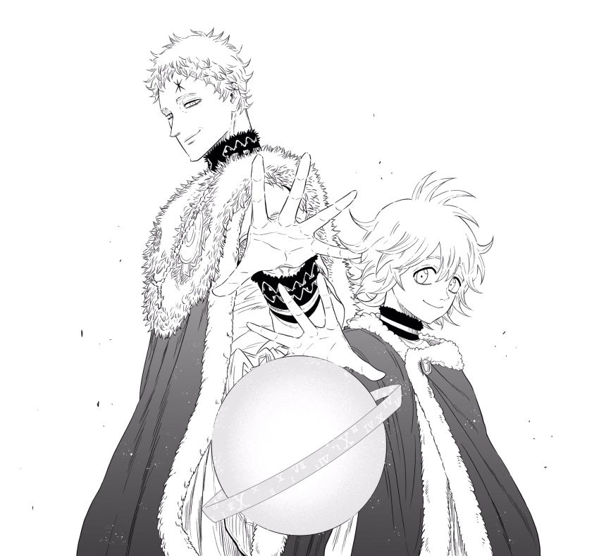 2boys, black_clover, cloak, facial_mark, forehead_mark, fur-trimmed_cloak, fur_trim, greyscale