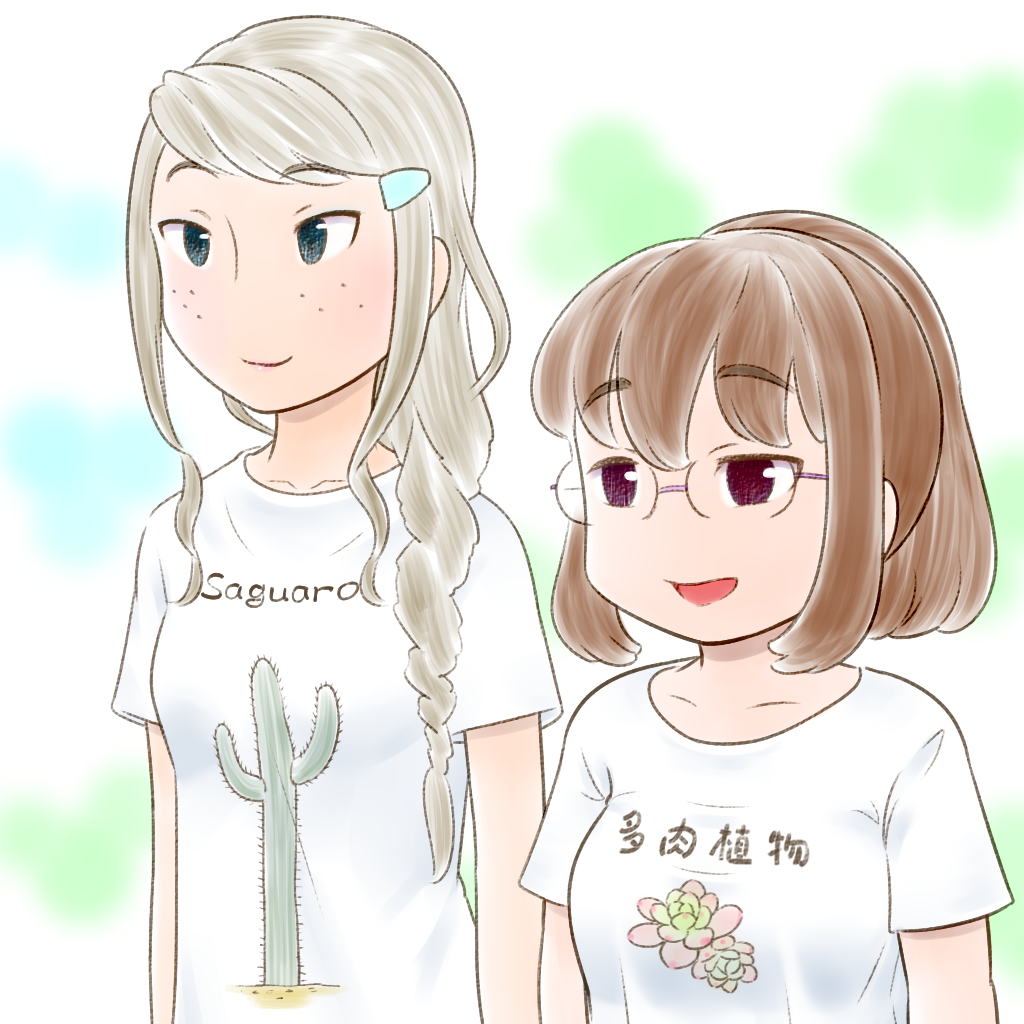 2girls, akim_x, black_eyes, braid, braided_ponytail, breasts, brown_eyes, brown_hair, cactus, collarbone, freckles, hair_ornament, hair_over_shoulder, hairclip, height_difference, kaede_(watamote), large_breasts, light_brown_hair, medium_breasts, multiple_girls, nagi_(watamote), ponytail, shirt, sidelocks, t-shirt, translation_request, watashi_ga_motenai_no_wa_dou_kangaetemo_omaera_ga_warui!